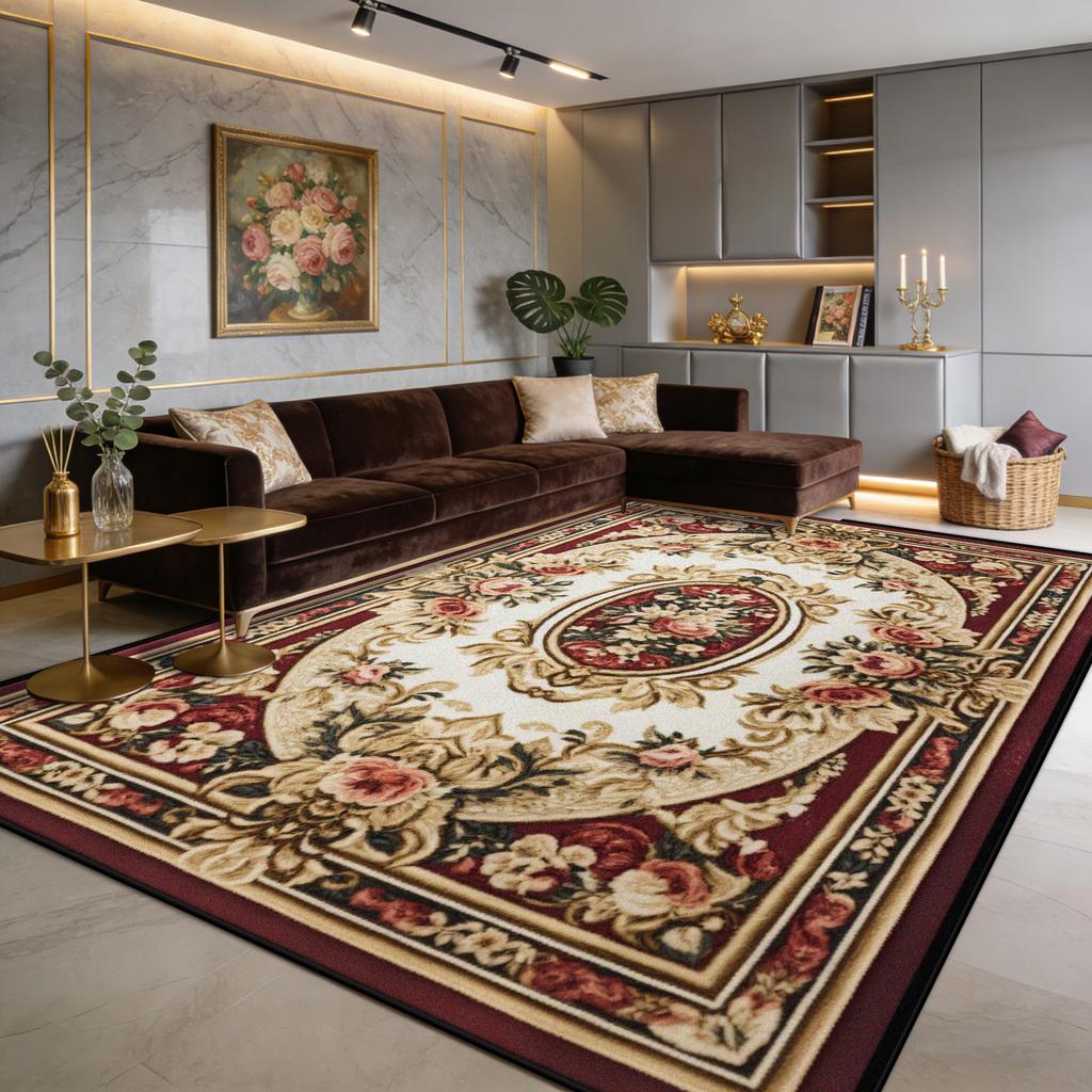 European Luxury Red Flower Fluffy Living Room Rug Easy Clean Soft Retro Tasting Area Carpet Large Area Non-slip Sofa Floor Mats