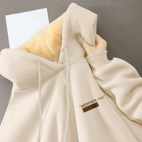 Couple Winter Hoodie Fleece Lined Thermal Insulation Hooded Pure Color Drawstring with Elastic Cuffs Women Men Fall Winter Top
