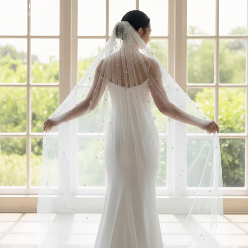 Einstufiger Tüll-Brautschleier mit Perlenbesatz und Metallkamm, 100 cm/200 cm lang, Weißer Hochzeitschleier für Braut, Elopement, Hochzeitsporträt, Fotoshooting