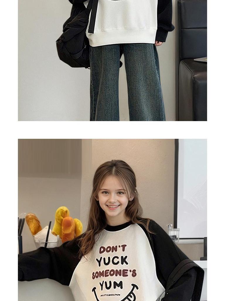 Girls' Autumn Korean Style Color-Block Long-Sleeve Sweatshirt - Loose Fit for Middle and Big Kids.