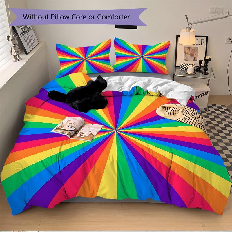 3pc Rainbow Stripes Cover Set - 1 Quilt Cover + 2 Pillowcases, All Seasons Bedroom Setting, Perfect for Home080
