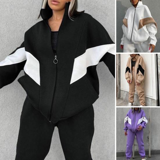 

2 шт./компл. толстовка спортивные штаны контрастного цвета лоскутное пальто брюки с эластичной резинкой на талии комплект из двух предметов зимний свободный спортивный костюм спортивная одежда