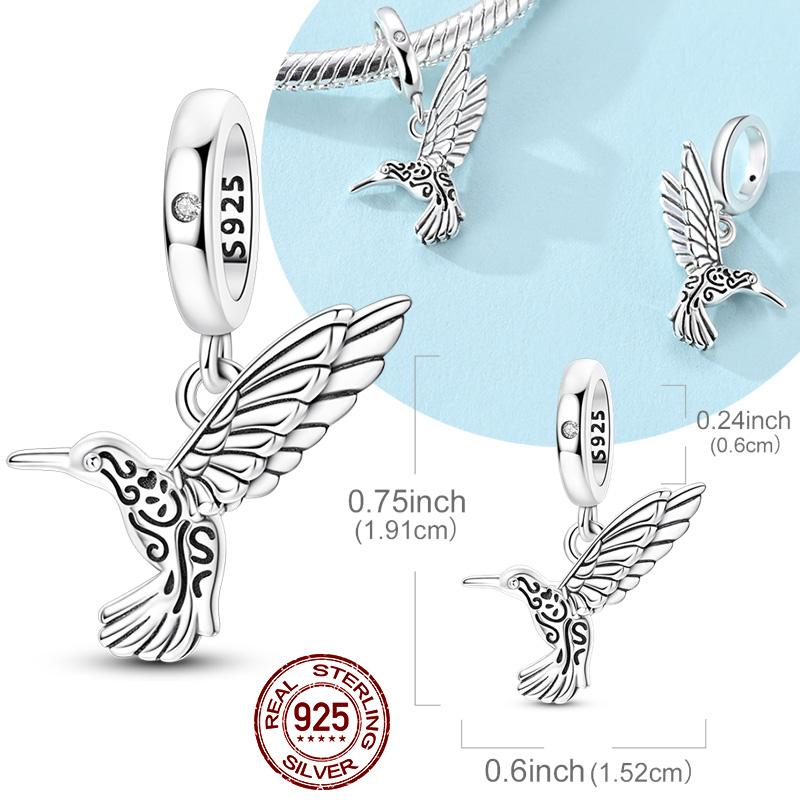 Original Real 925 Sterling Silver Charms Bead Retro Pattern Hummingbird Pendant Fit Original Bracelet For Women DIY Jewelry Gift