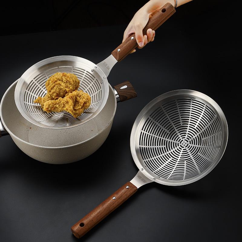 304 Stainless Steel Kitchen Large Colander Wooden Handle Strainer French Fries Filter Scoop Noodle Dumplings Sieve Skimmer