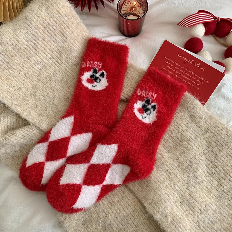 Weihnachtsjahr Rote Socken Damen Herbst und Winter Fleece Verdickt Nerzfleece Cartoon Niedlich Damen Socken Flauschig Mittellange Socken Damen
