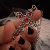 Large Gothic Cross Drill Pendant Jewelry Necklace Silver Color Red Tone Punk Jewellery Fashion Charm Statement Women Gift