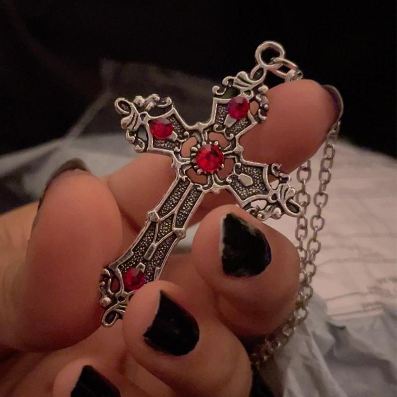 Large Gothic Cross Drill Pendant Jewelry Necklace Silver Color Red Tone Punk Jewellery Fashion Charm Statement Women Gift