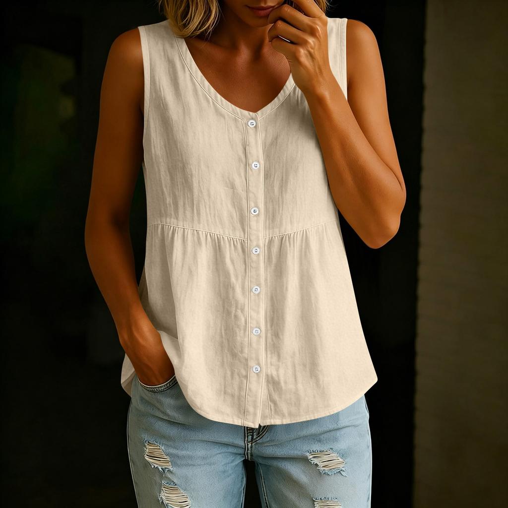 Women’s V Neck Button Front Sleeveless Loose Fit Casual Summer Blouse Top Relaxed Style Lightweight Comfortable Shirt