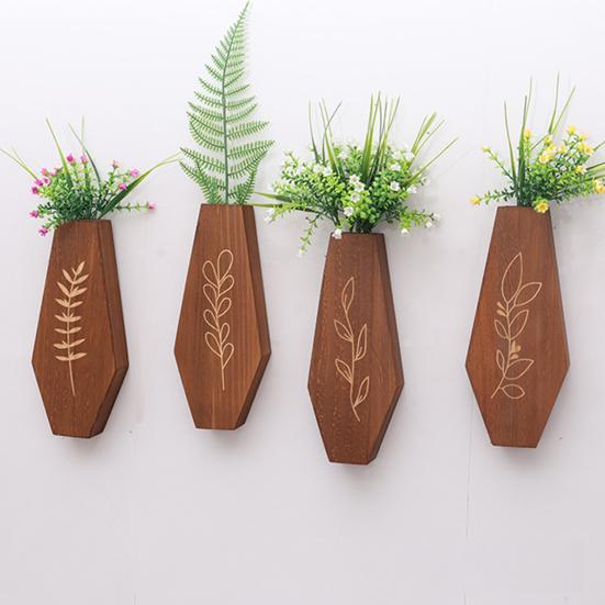 4Pcs Wooden Wall Mount Vase Farmhouse Rustic Home Office Living Room Wall Hanging Artificial Plants Holder Dried Flower Vase Decoration