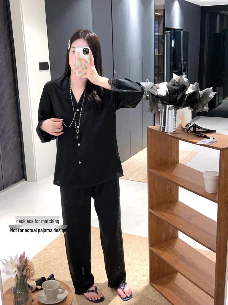 Women's Heart Print Ice Silk Pajamas - Long Sleeve, White Lace Trim, Fashionable for Spring & Autumn