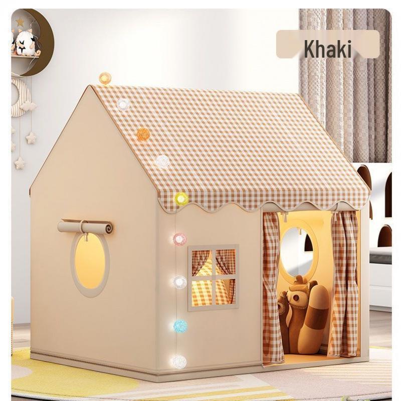 Princess Castle Play Tent with Mosquito Net for Indoor Sleeping and Pretend Play Khaki Checkered Kids House [Metal Frame]