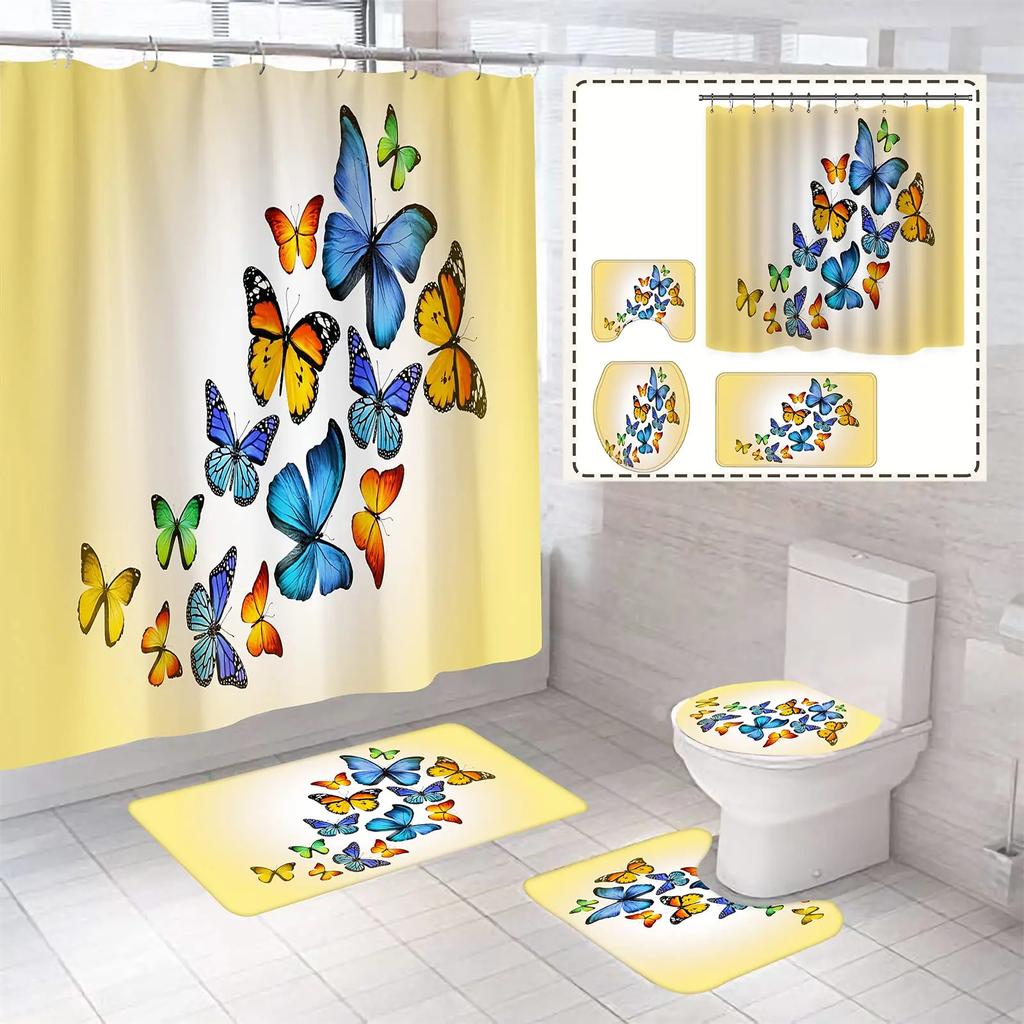 Big Butterfly Beautiful Polyester Shower Curtain Set Bathroom Set Waterproof Curtains Bath Mat Set Toilet Lid Cover 4 Pcs Decor