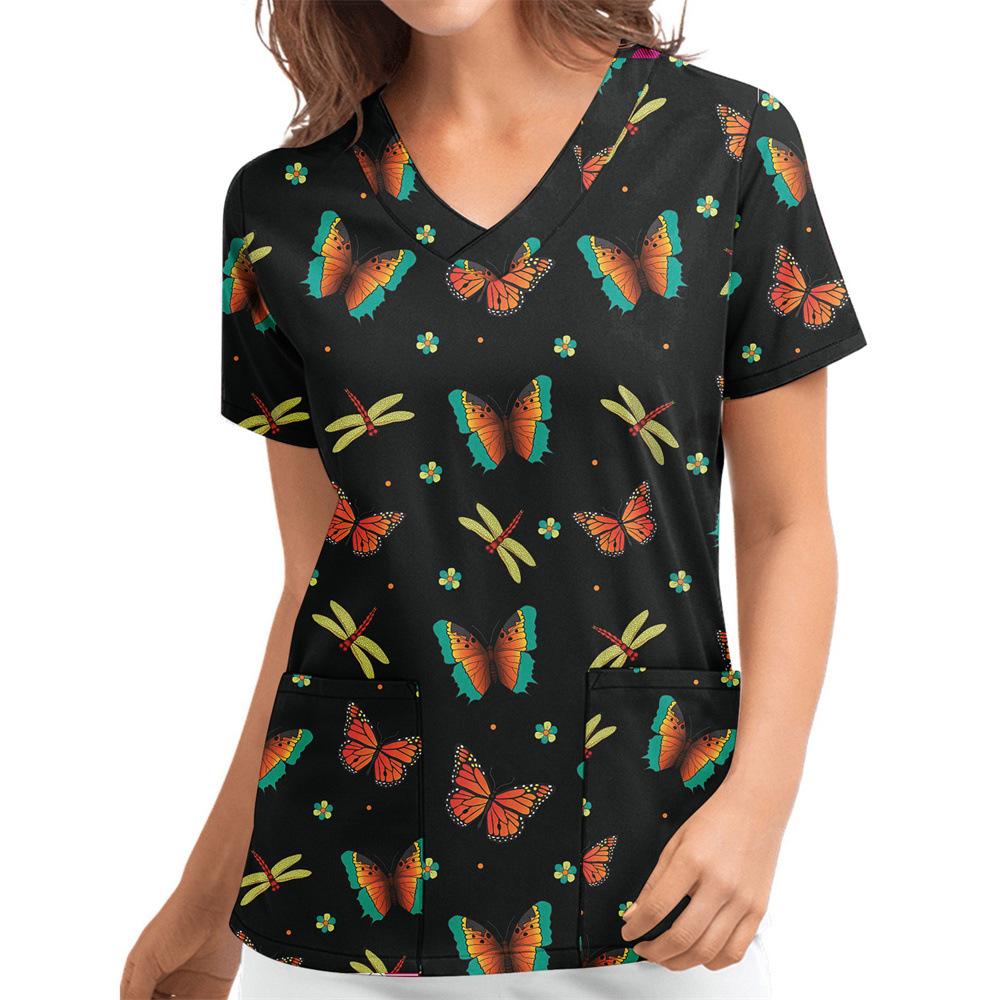 Women's T-shirt V-neck Nurse Uniform Casual and Comfortable Short Sleeved Women's Dreamy Printed T-shirt