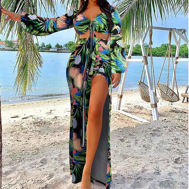 Buy Women’s Fashion Tropical Print Twopiece Set Bikini Long Sleeve