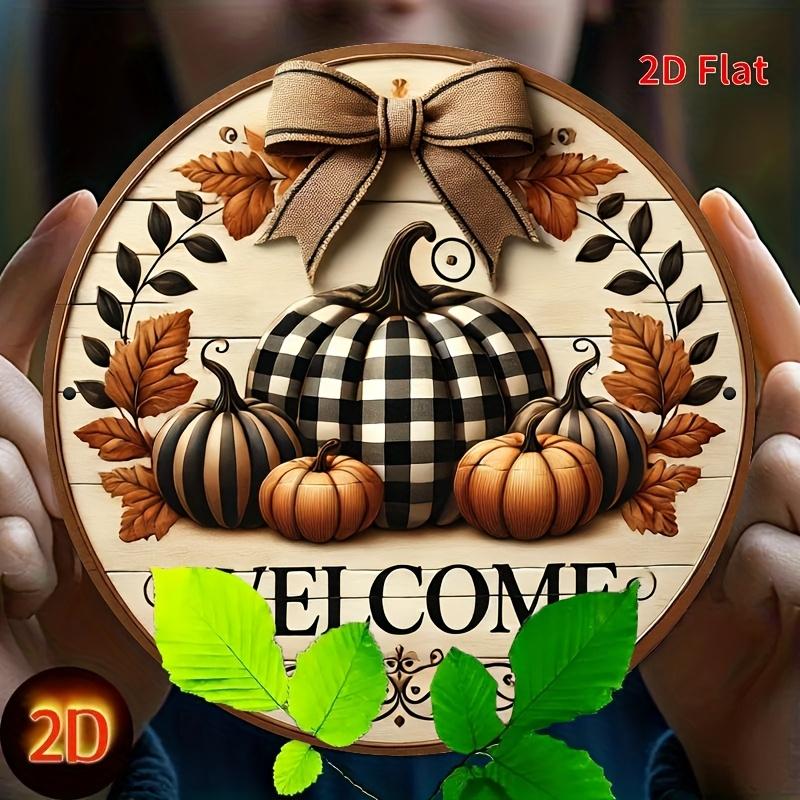 Floral Wreath Welcome Sign. 8" round aluminum plaque for garden, porch & farmhouse decor.