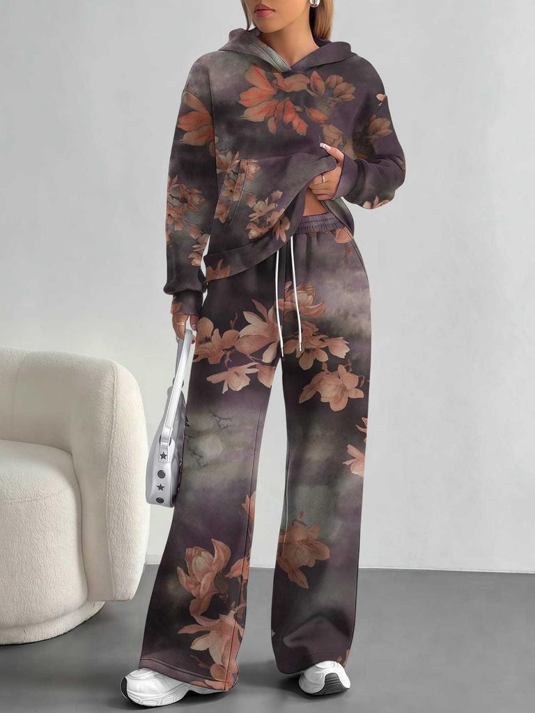 Retro Pattern Splicing European and American Autumn and Winter 1116 Casual Long-sleeved Suit Women's Hooded Sweater Trousers Cover