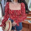 2025 Elegant French Floral Square Neck Puff Sleeve Lace-up Top for Women