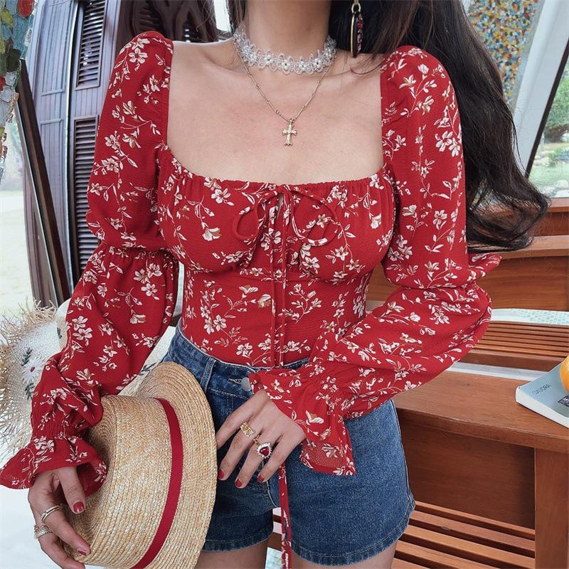 2025 Elegant French Floral Square Neck Puff Sleeve Lace-up Top for Women M
