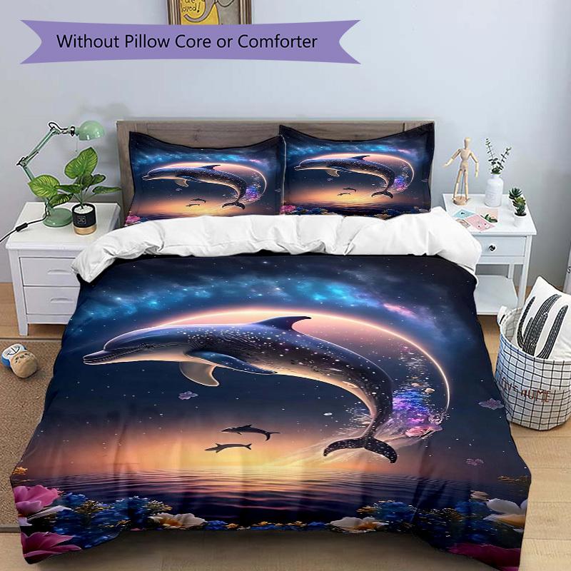 3pcs Anime Dolphin Bedding Set - Includes One Quilt Cover and Two Pillowcases (No Core) - Polyester Fabric, Perfect for Bedroom and Guest Ro
