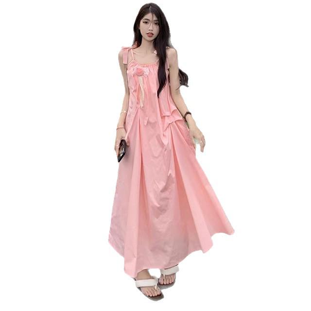 2026 Women's High-End French Sling Summer Dress: Elegant Petite Fairy Beach Vacation Long Dress