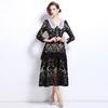 Spring Autumn Women Elegant V-neck Embroidery Flower Lace Long Maxi Party Dresses With Belt