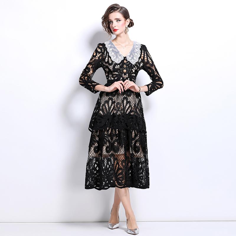 Frühling Herbst Frauen Elegante V-ausschnitt Stickerei Blume Spitze Lange Maxi Party Kleider Mit Gürtel