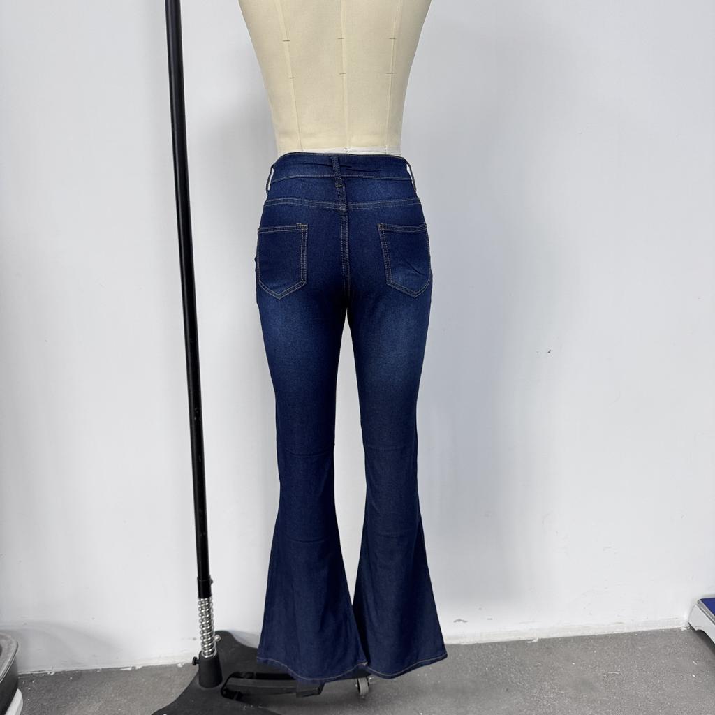 Women Bell Bottom Jeans Elastic Waist Ripped Flared Jean Destroyed Raw Hem Denim Pants