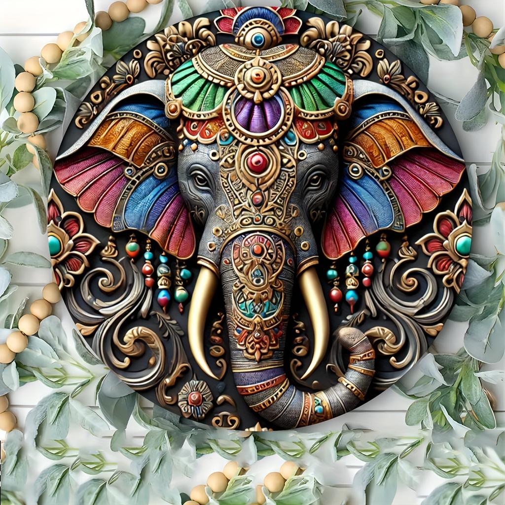 Vintage Indian Elephant Metal Round Tin Sign - Unique Wall Hanging Decor for Living Room, Home, Garden