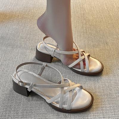 Fashion Open Toe Sandals 2025 French Retro Mid Heels Summer New Casual Comfortable Ladies Shoes Cross Strap Roman Femininas Sandales