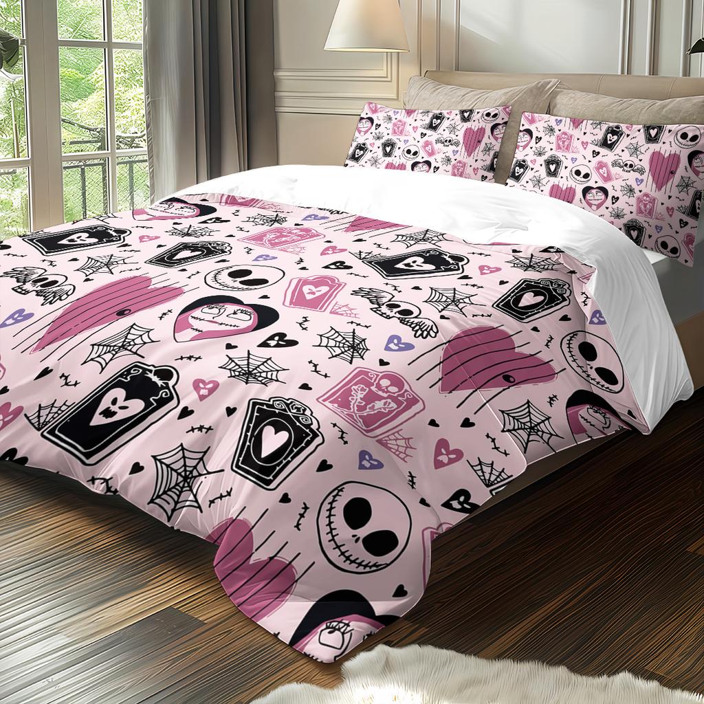 3-piece Halloween themed pink cute skull and heart-shaped pattern duvet cover set 1 duvet cover+2 pillowcases coreless