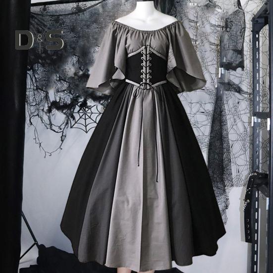 Women Halloween Dress Halloween Party Costume Flying Sleeve A-line Big Hem Contrast Color Patchwork Off Shoulder Pleated Tight Waist Medieval Vintage