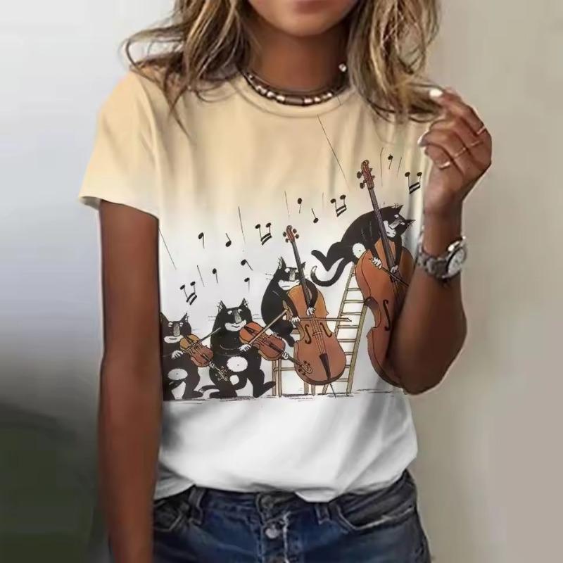 Summer Fashion Women's Animal T Shirt Stylish Kawaii Cat Printed Casual Short Sleeve Crew Neck Tees Round Neck Regular Tops