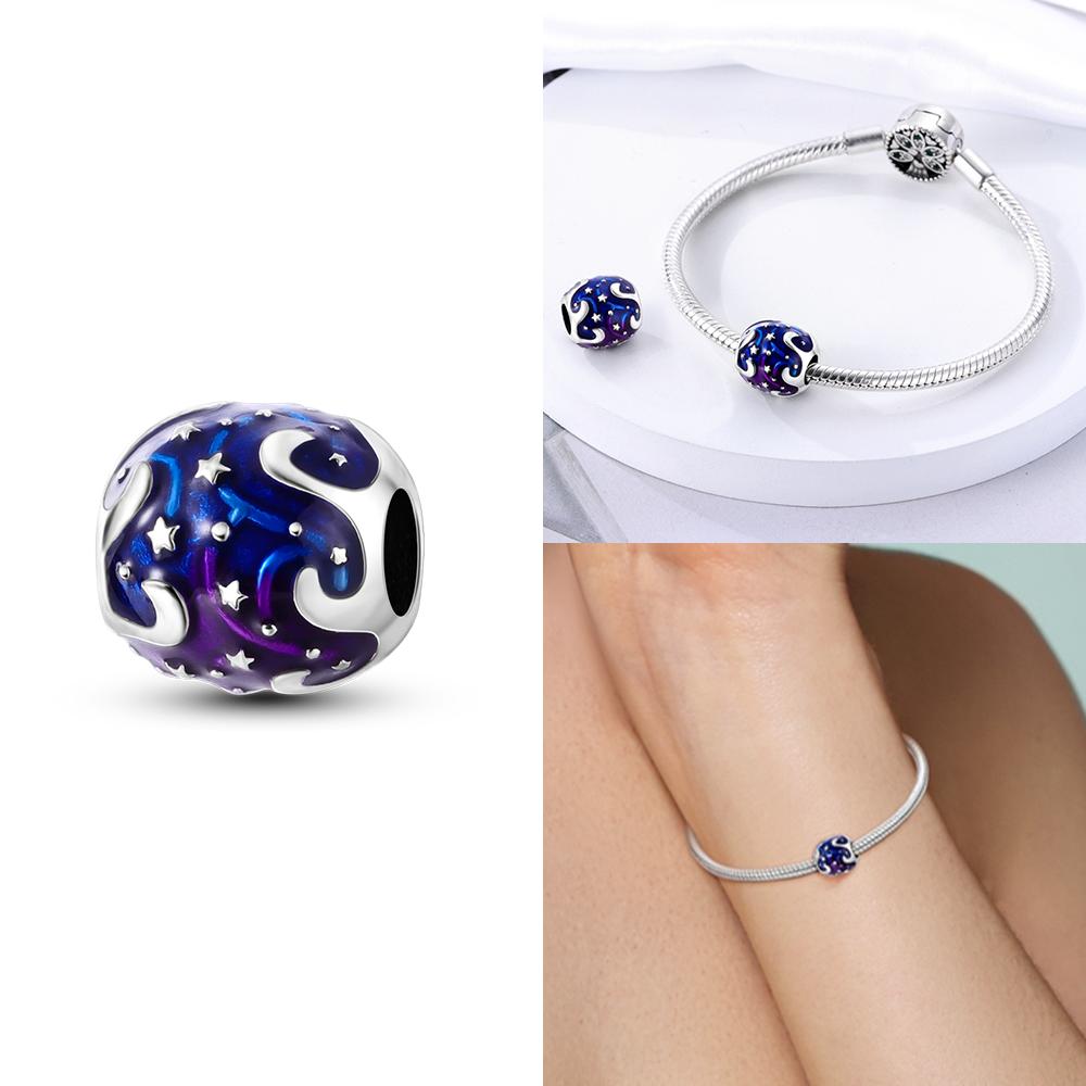925 Silver Purple Romantic Starry Planet Beaded Necklace Charms Beads Fit Bracelet Women Diy Accessory Fine Gift