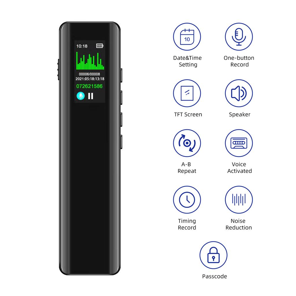 8GB Digital Voice Recorder Voice Activated Recorder Dictaphone MP3 Player 3072KBPS HD Recording Noise Reduction Timing Recording Password Function Du