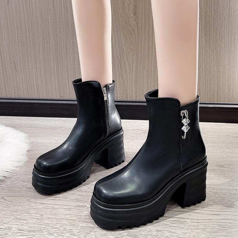 Platform Women Ankle Boots Crystal Leather High Heels Fad Shoes Designer Motorcycle Boots 2025 Trend Chunky Pumps Botas Mujer