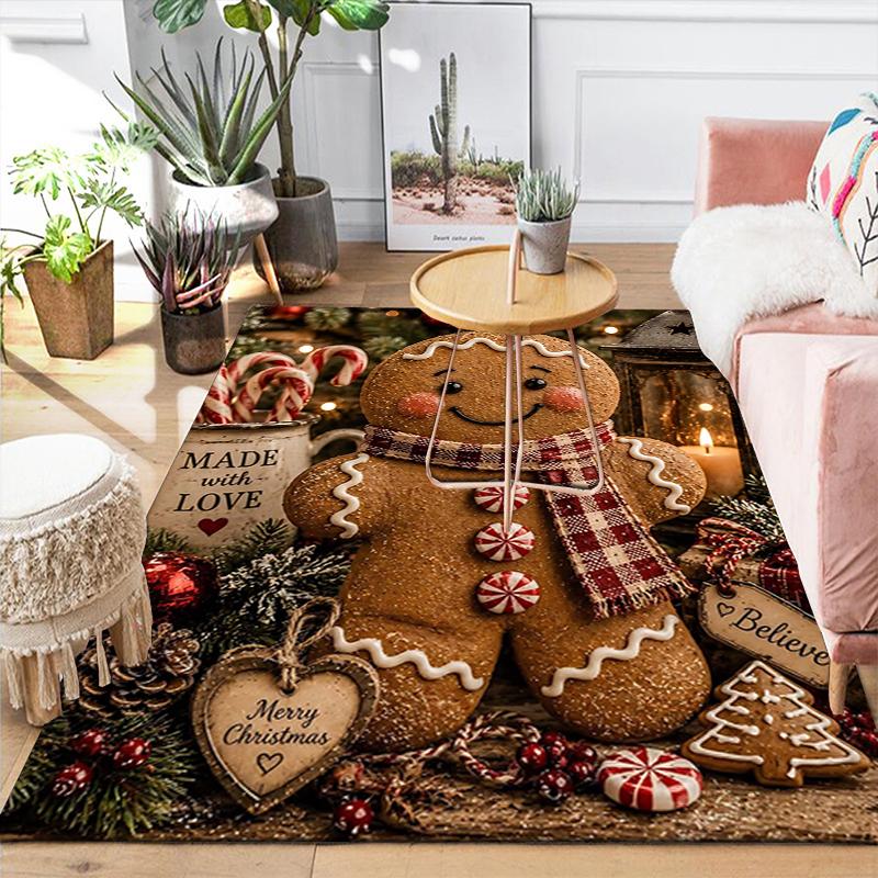 1Pc Christmas Gingerbread Decorations Rug Office Carpet Indoor Outdoor Doormat Nonslip Soft, Living Room Christmas Halloween Gift D91839
