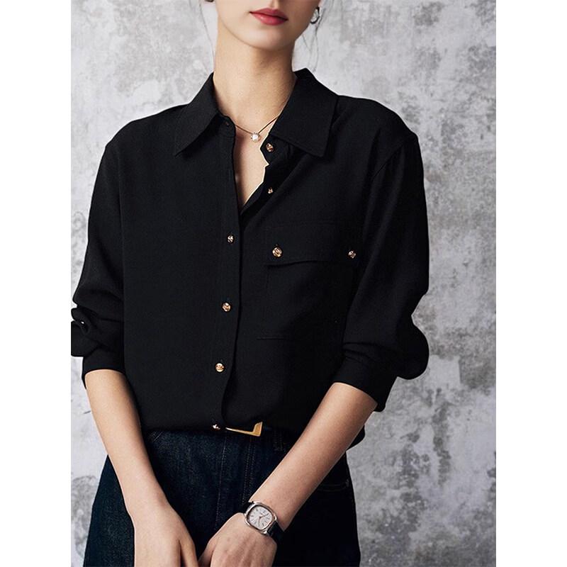 Basic House Women's French Black Satin Layering Shirt