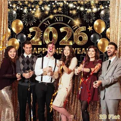 Shiny 2026 New Year Backdrop Banner Colorful Balloon Letter Photography Background Champagne Polyester Celebration Banner