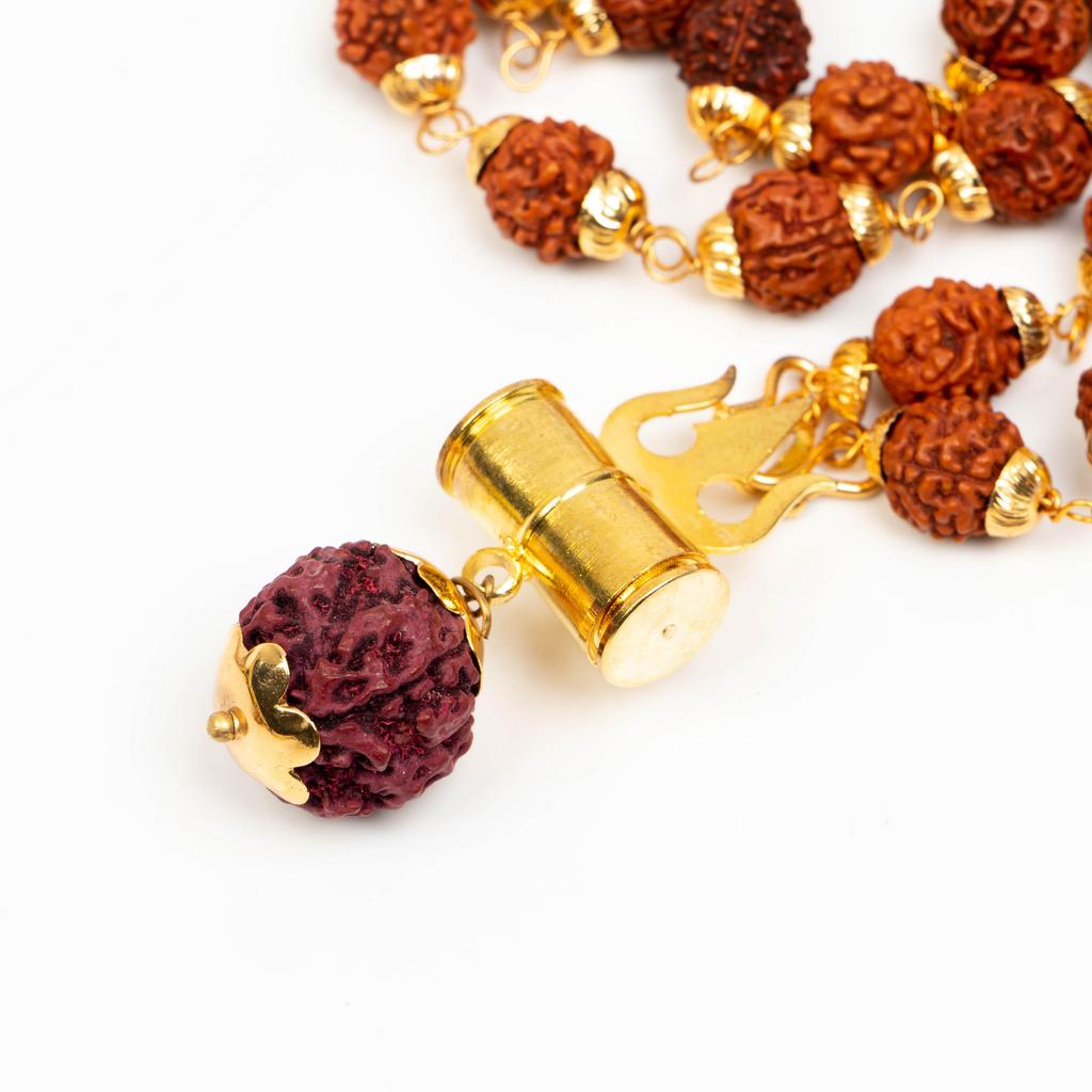 Rudraksha Mala with Brass Caps & Shiva Trishul | Natural Rudraksha Beads Necklace | Hindu Prayer Jewelry | Healing Mala | Unique Religious Gift