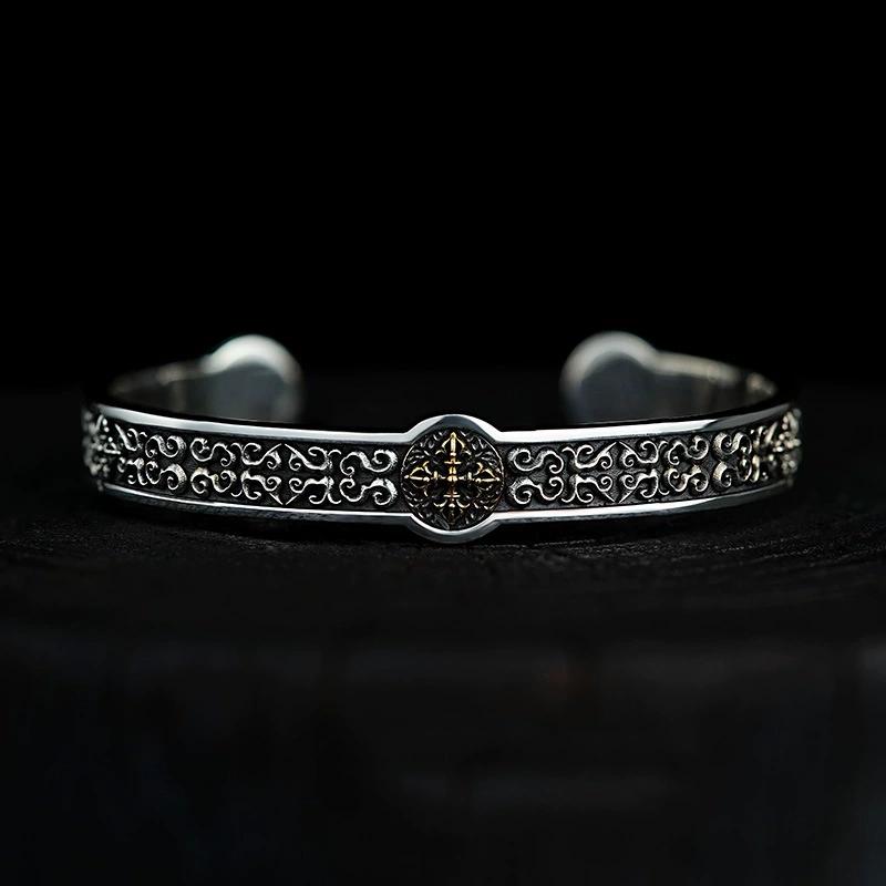 Retro Cross Vajra Bangle For Male Opening High Level Thai Silver Jewelry Chinese the Zang Nationality Style Bangles KOFSAC
