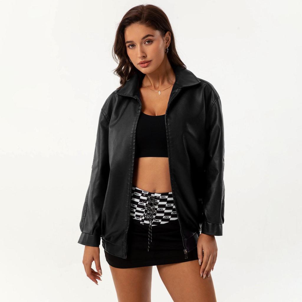 Fall Winter Women Lapel Collar Long Sleeve Slim Fit Zipper Pu Leather Jacket