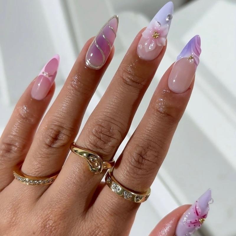 24PCS Summer Almond False Nail 3D Flower Shell Fresh Design Fake Nail Full Cover Acrylic Wearable French Nail Tips Art Beauty