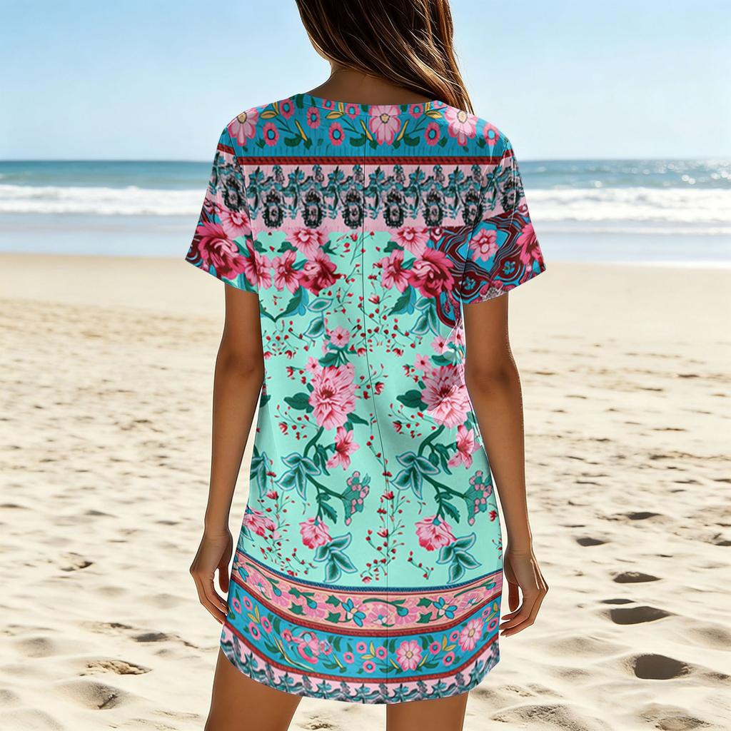 Women's Summer Fashion V Neck Short Sleeve Casual Retro Printed Dress Lightweight Comfortable Fit Versatile Style Suitable for Daily Wear