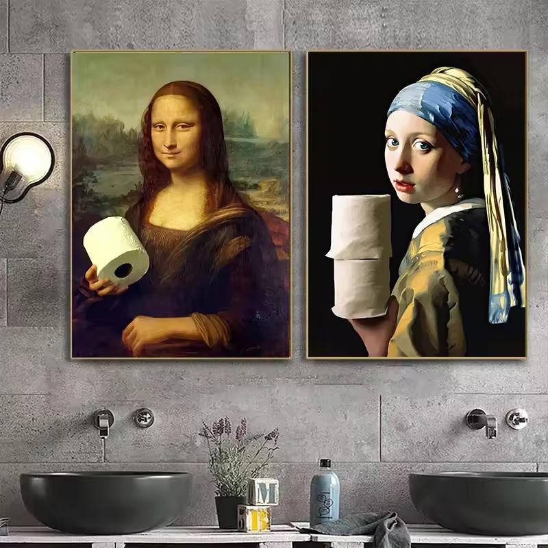 Funny Bathroom Toilet Canvas Painting Mona Lisa Wearing Pearls Girl with Roll Paper Canvas Poster and Prints Posters Home Decor