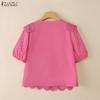 ZANZEA Women Casual Round Neck Patchwork Crochet Loose Short Sleeve Blouse