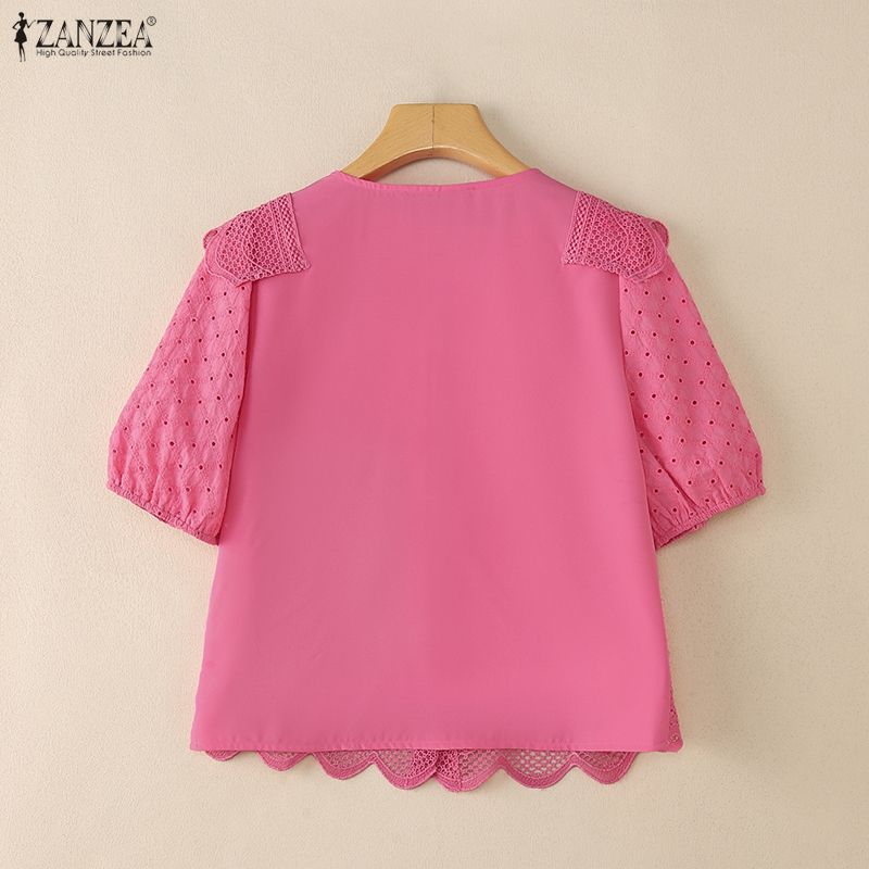 ZANZEA Women Casual Round Neck Patchwork Crochet Loose Short Sleeve Blouse