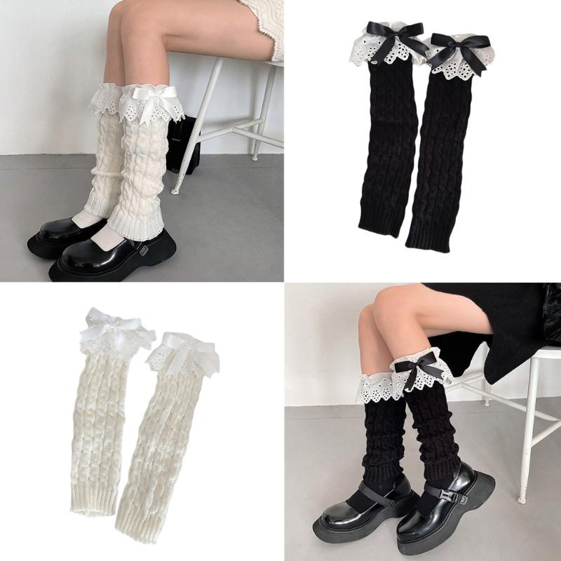 Winter Autumn Twist Cable Knitted Leg Warmers Cute Bowknot Ruffled Lace Foot Covers Middle Tube Calf Socks for Women