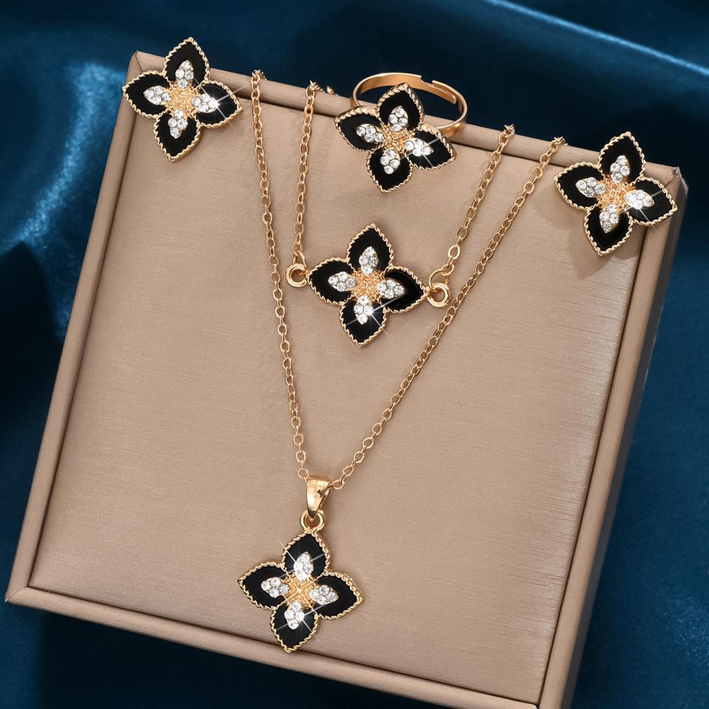 New Black Four-leaf Clover Earrings Necklace Bracelet and Ring Four-piece Jewelry Set Fashionable and Sweet