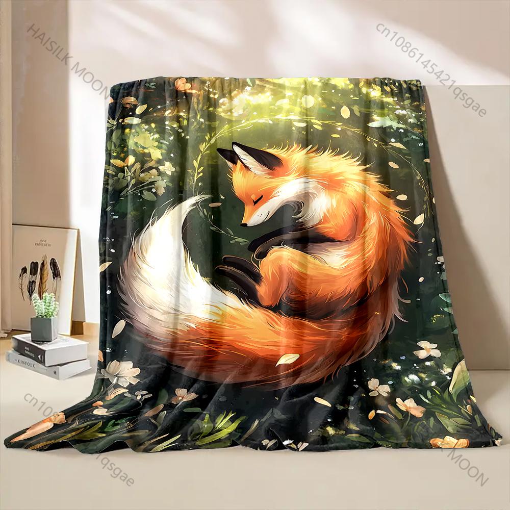 Multiple Sizes Sleeping Fox In Forest Print Blanket Flannel Material Soft Warm for All Seasons Home Outdoor Camping Picnics