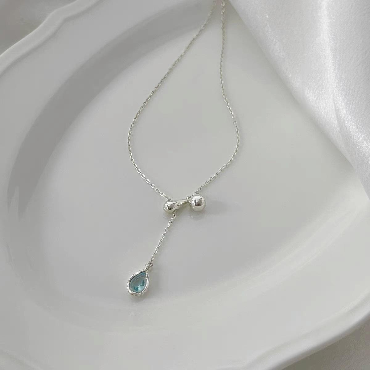 Summer 2024 Blue Zircon Water Drop Y-Shaped Adjustable Necklace for Women Blue Zircon Drop Necklace [Fixed Non-Adjustable]